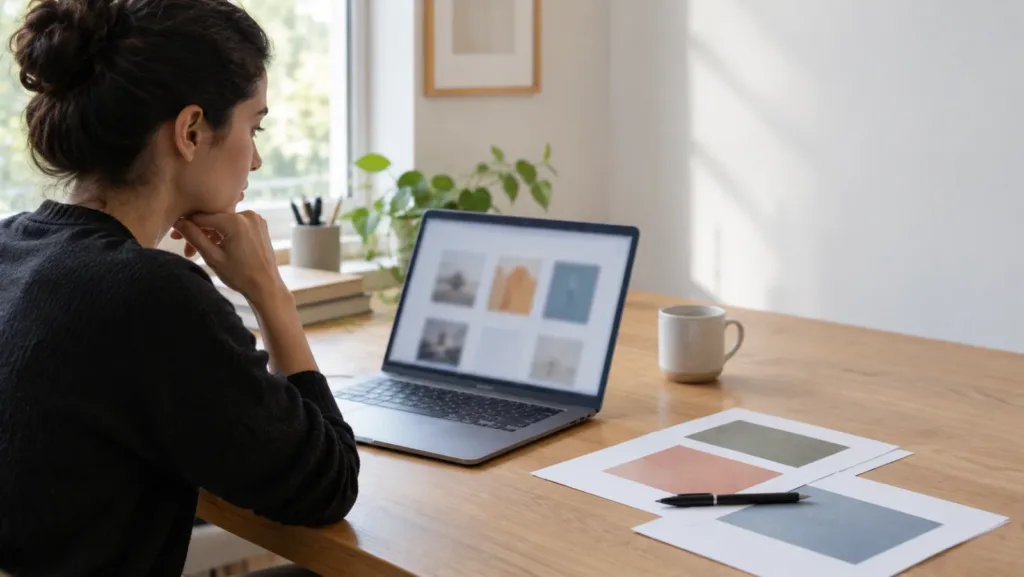 Woman reviewing a portfolio website on a laptop with printed project sheets on the desk