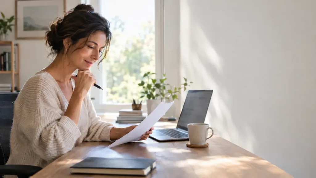 Woman in a cream sweater at a sunny home office desk reading a printed one-page resume with a pen in hand, next to a laptop and a cup of tea
