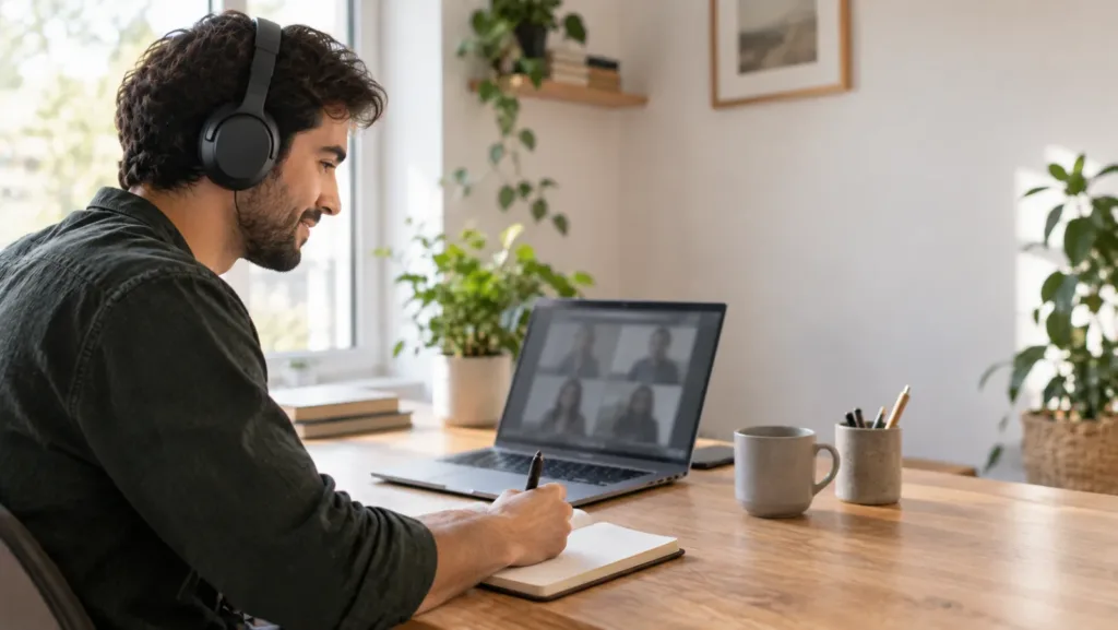 Freelancer with headphones on a video call, taking notes at a home desk