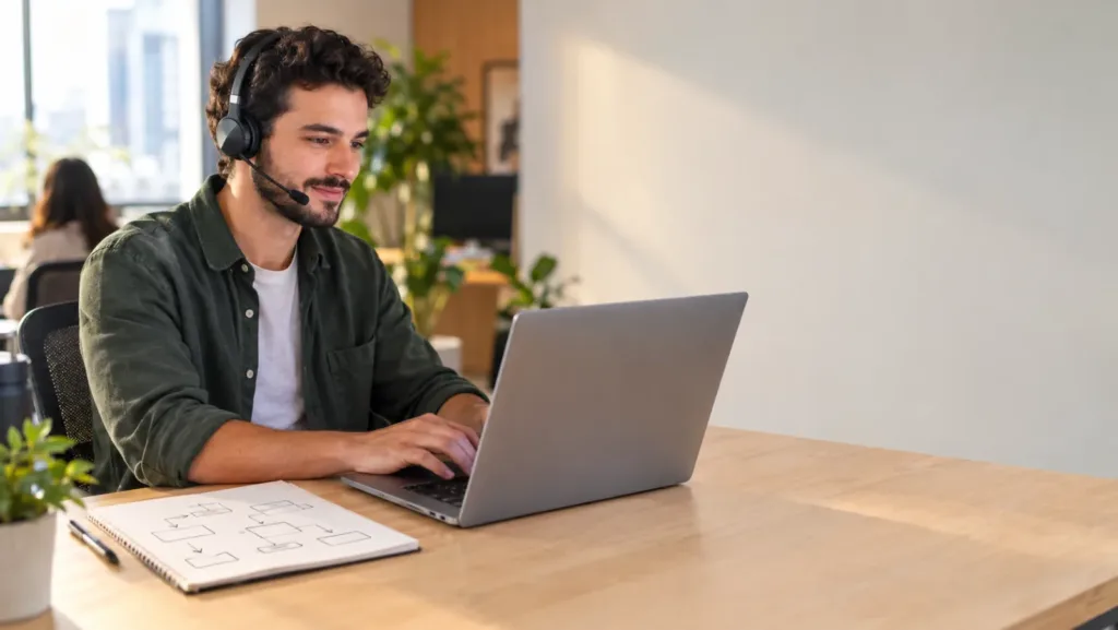 Smiling man wearing a headset typing on a laptop at a bright office desk, with a notebook sketch of a flowchart beside him