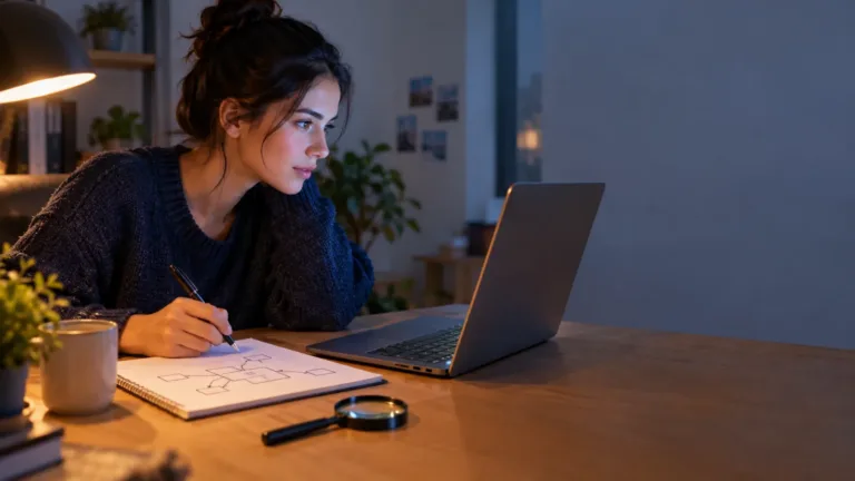 Young woman at a home desk in the evening sketching a diagram of boxes in a notebook while looking at her laptop, with a magnifying glass on the desk