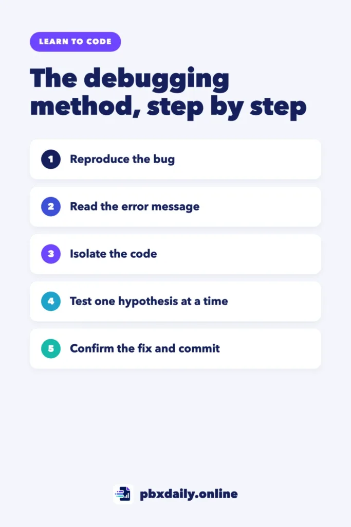 Debugging for Beginners: A Simple Method to Find Any Bug Infographic: The debugging method, step by step: reproduce the bug, read the error message, isolate the code, test one hypothesis at a time, and confirm the fix and commit.
