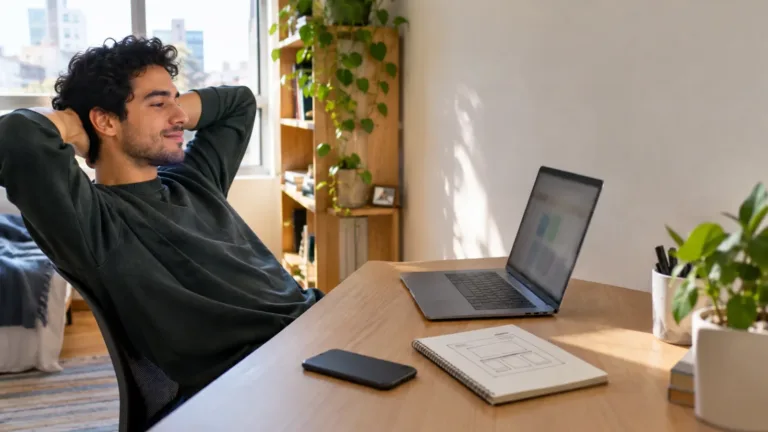 Young man leaning back with his hands behind his head at a sunny apartment desk, looking at his laptop next to a notebook sketch of a website layout and a phone