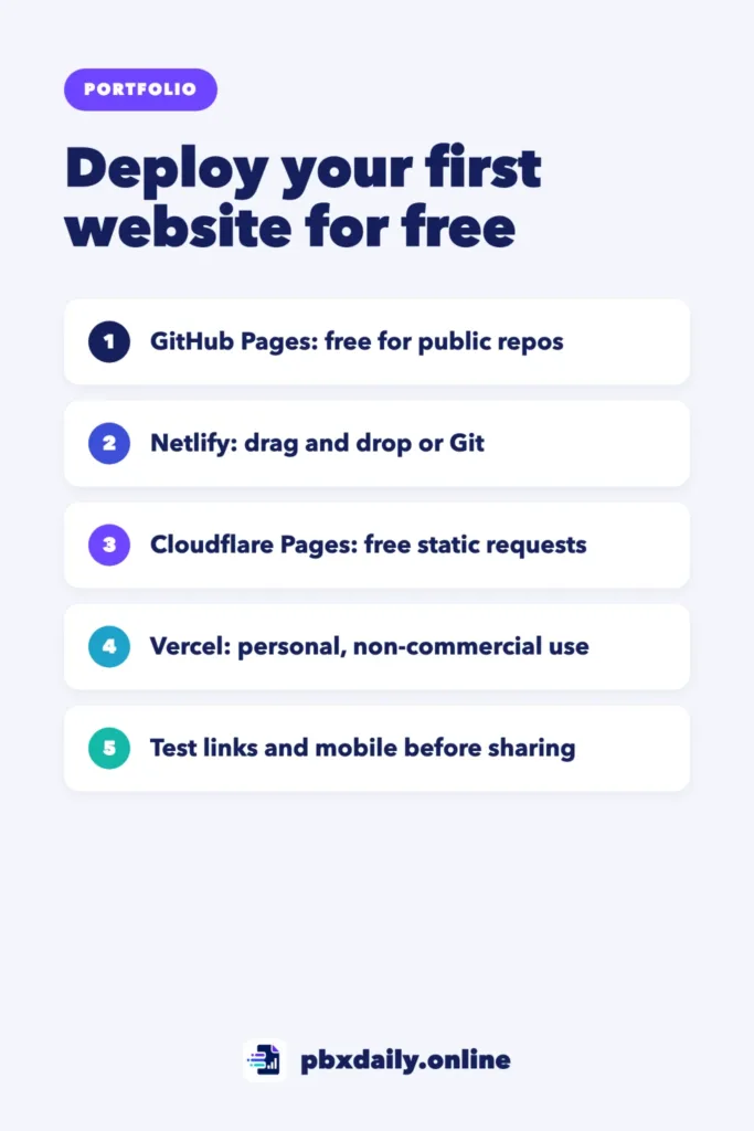 How to Deploy Your First Website for Free: 4 Options Infographic: Deploy your first website for free: GitHub Pages, free for public repos; Netlify, drag and drop or Git; Cloudflare Pages, free static requests; Vercel, personal and non-commercial use; and test links and mobile before sharing.