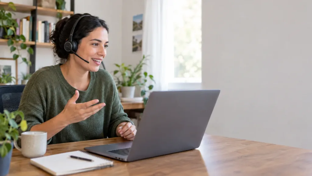 Woman in a green sweater wearing a headset and gesturing as she speaks in a video meeting on her laptop at a home office desk