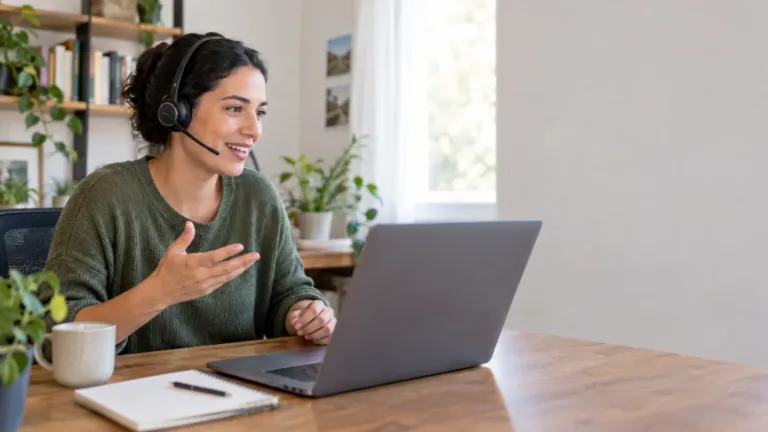 Woman in a green sweater wearing a headset and gesturing as she speaks in a video meeting on her laptop at a home office desk