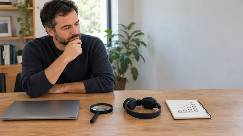 Thoughtful man at a desk looking at a laptop, a magnifying glass, a headset and a notebook with a hand-drawn chart