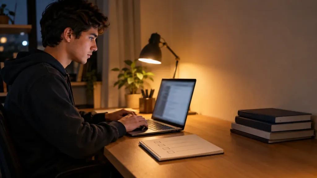 Young man in a dark hoodie typing on a laptop at a home desk at night under a warm desk lamp, with a notebook checklist of empty boxes and a stack of closed books