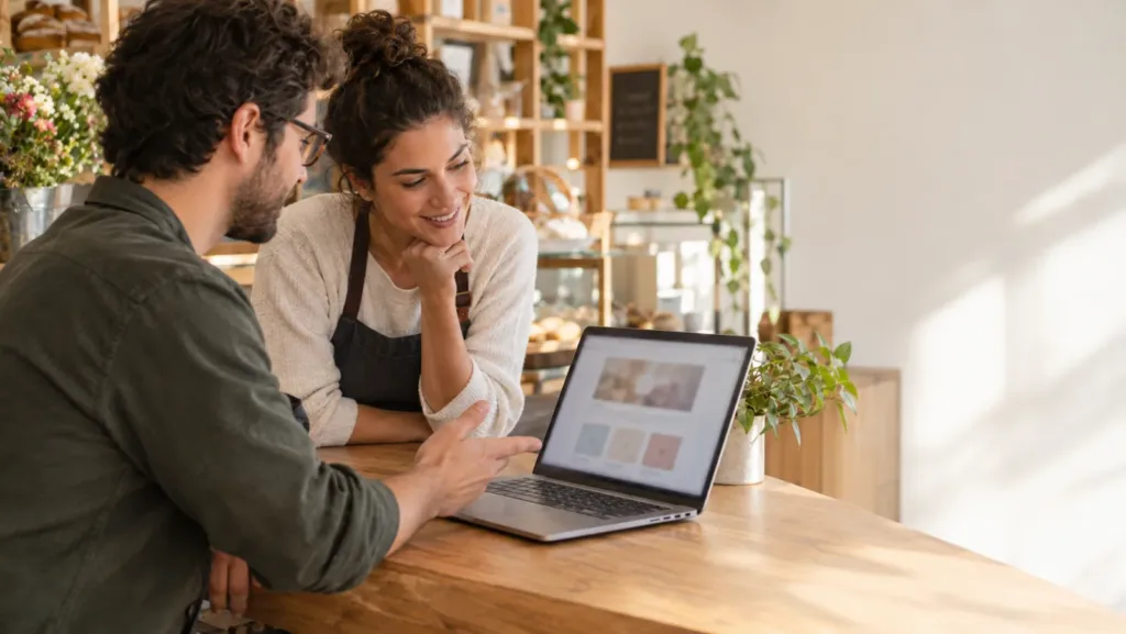Web developer showing a website on a laptop to a bakery owner at the shop counter
