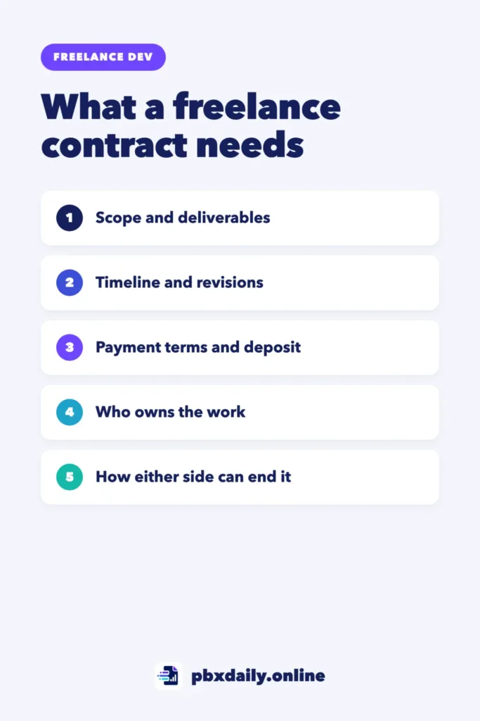 What to Include in a Freelance Contract: Simple Checklist Infographic: What a freelance contract needs: scope and deliverables, timeline and revisions, payment terms and deposit, who owns the work, and how either side can end it.