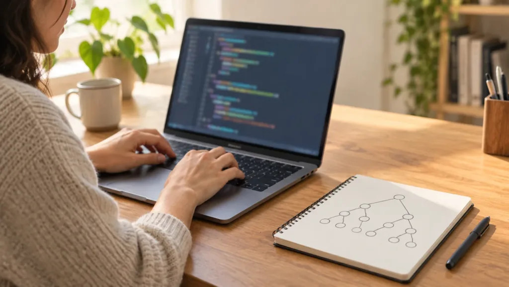 Woman typing on a laptop with code on the screen next to a notebook with a hand-drawn branching diagram