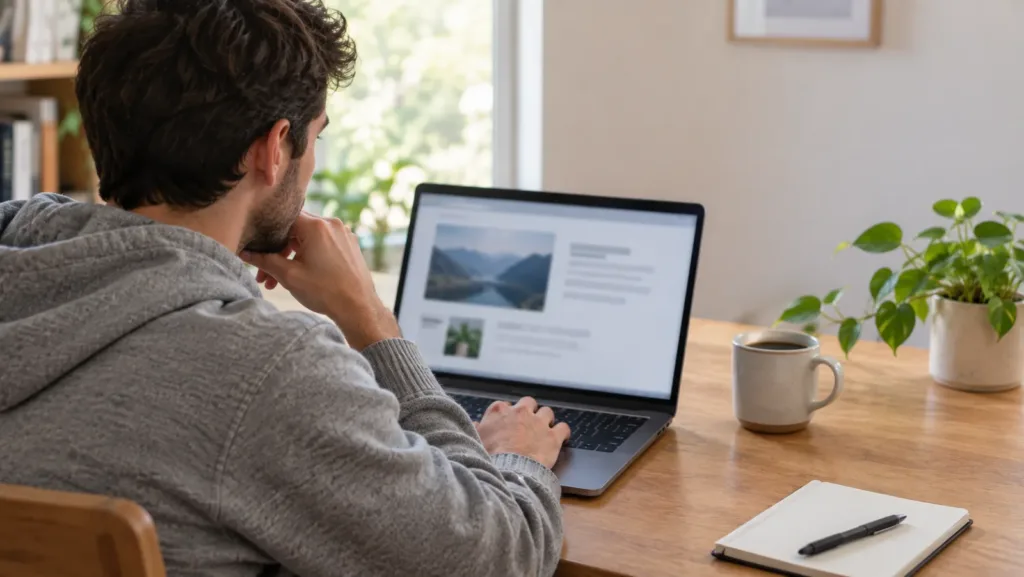 Young man in a gray hoodie reviewing a project page on a laptop at a home desk