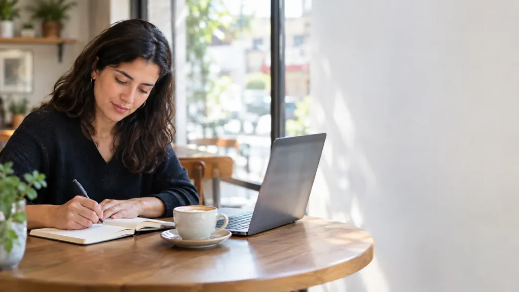 Woman with long dark hair writing a proposal in a notebook at a round cafe table, next to a laptop and a cup of coffee