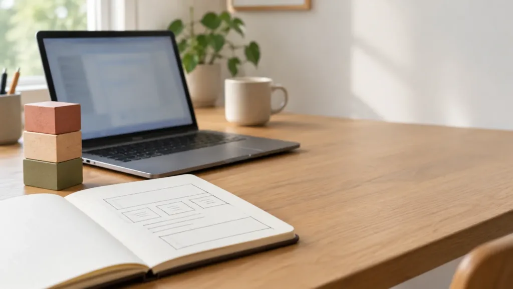 Laptop on a wooden desk beside three stacked colored blocks and a notebook with a sketched page layout