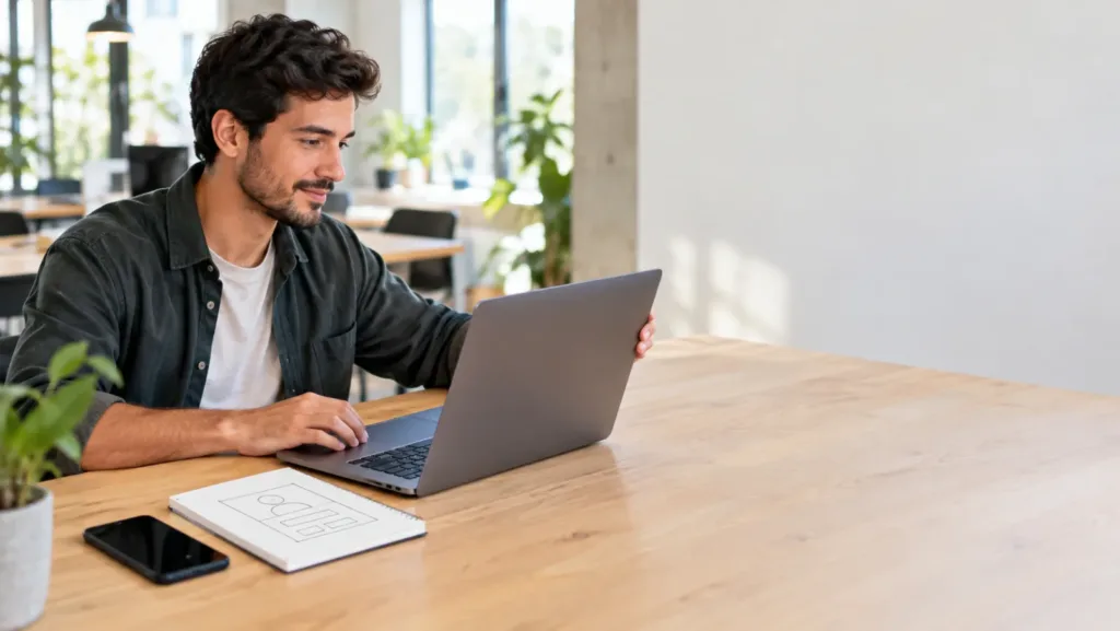 Man in a dark shirt adjusting his laptop at a bright co-working desk, next to a phone and a notebook sketch of a profile card layout