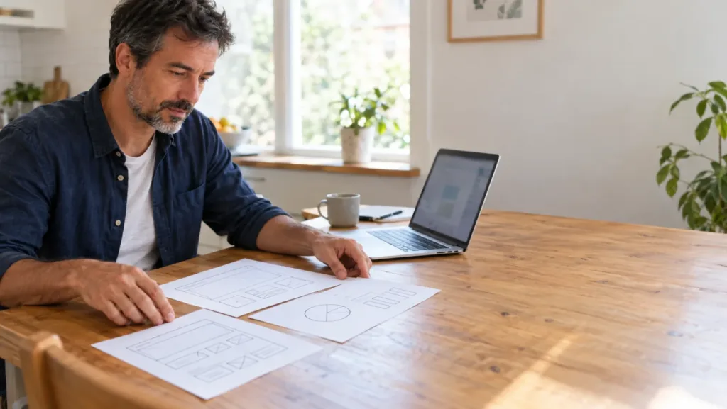 Man in a navy shirt at a wooden kitchen table arranging printed sketches of website layouts and a pie chart next to a laptop, planning portfolio projects