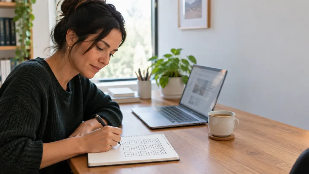 Freelance designer planning a project in a notebook with a hand-drawn grid next to a laptop