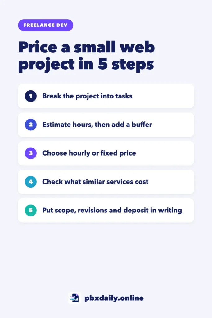 Infographic: price a small web project in 5 steps: break the project into tasks, estimate hours and add a buffer, choose hourly or fixed price, check what similar services cost, and put scope, revisions and deposit in writing