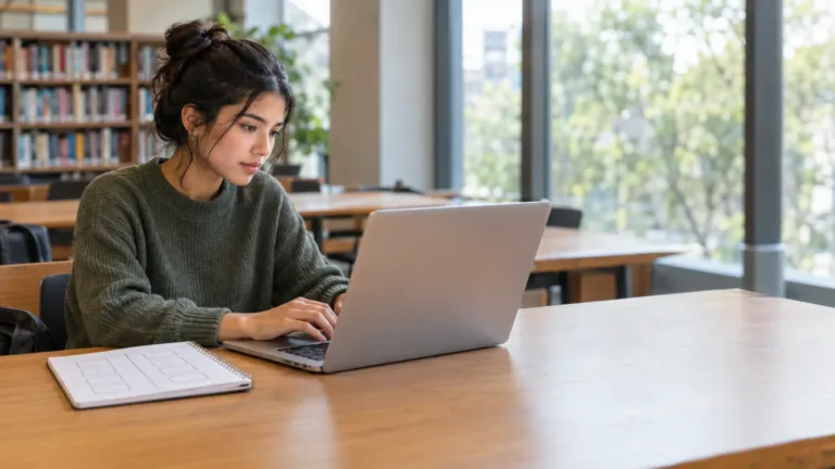 Young woman in a green sweater typing on a laptop at a library table, with a notebook sketch of two columns of boxes, choosing a first programming language