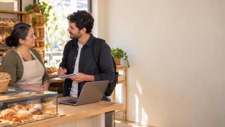 Freelance web developer with a backpack taking notes at a bakery counter while talking with the smiling bakery owner in an apron, a laptop open beside him