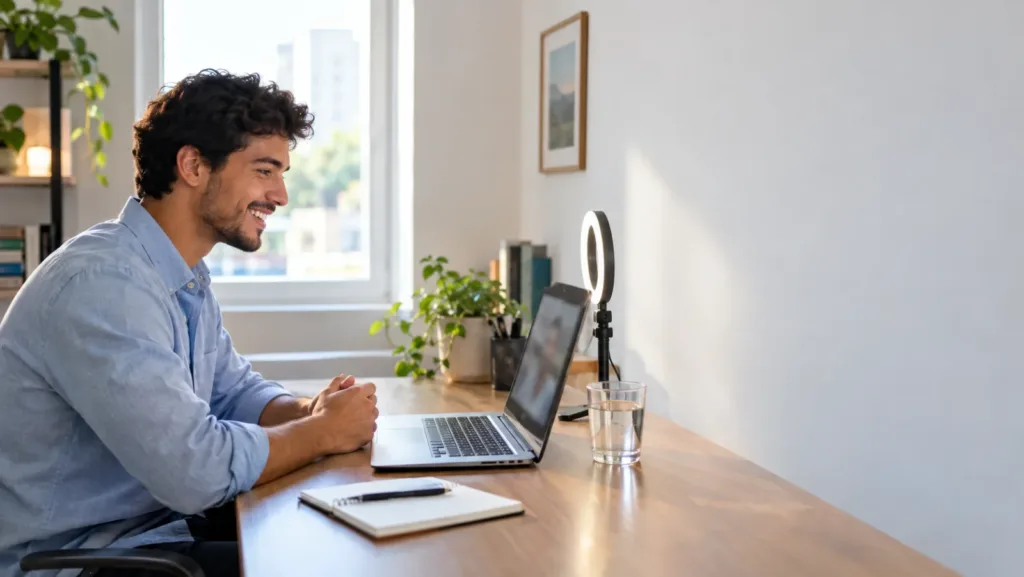 Smiling man in a light blue shirt on a video call at a home desk, with a ring light, a glass of water and a notebook
