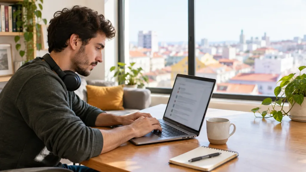 Remote worker with headphones typing on a laptop in a bright apartment overlooking city rooftops