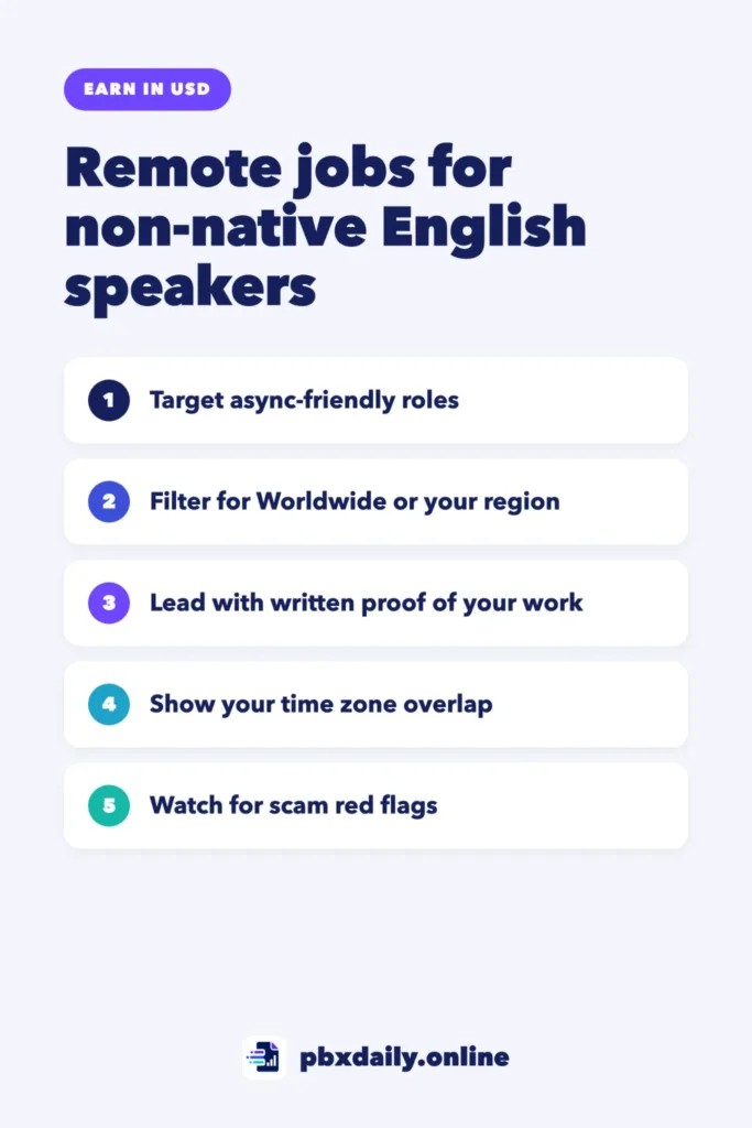 Remote Jobs for Non-Native English Speakers: Where to Look Infographic: remote jobs for non-native English speakers: target async-friendly roles, filter for worldwide or your region, lead with written proof of your work, show your time zone overlap and watch for scam red flags