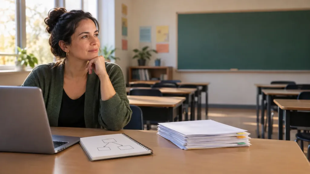 Teacher in a green cardigan sitting at her desk in an empty sunlit classroom, planning a move to tech next to a laptop, a notebook with a hand-drawn flowchart and a stack of papers