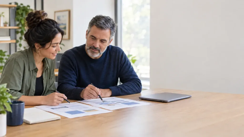 Freelance developer and a client reviewing printed pages together with pens at an office table, a closed laptop beside them