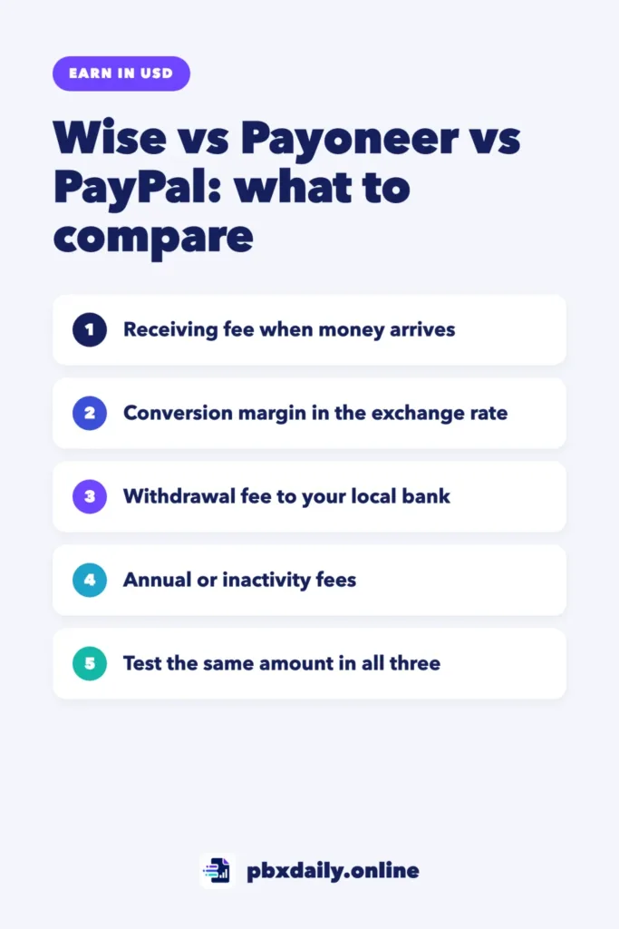 Wise vs Payoneer vs PayPal: Getting Paid by Foreign Clients Infographic: Wise vs Payoneer vs PayPal, what to compare: the receiving fee when money arrives, the conversion margin in the exchange rate, the withdrawal fee to your local bank, annual or inactivity fees, and a test of the same amount in all three.