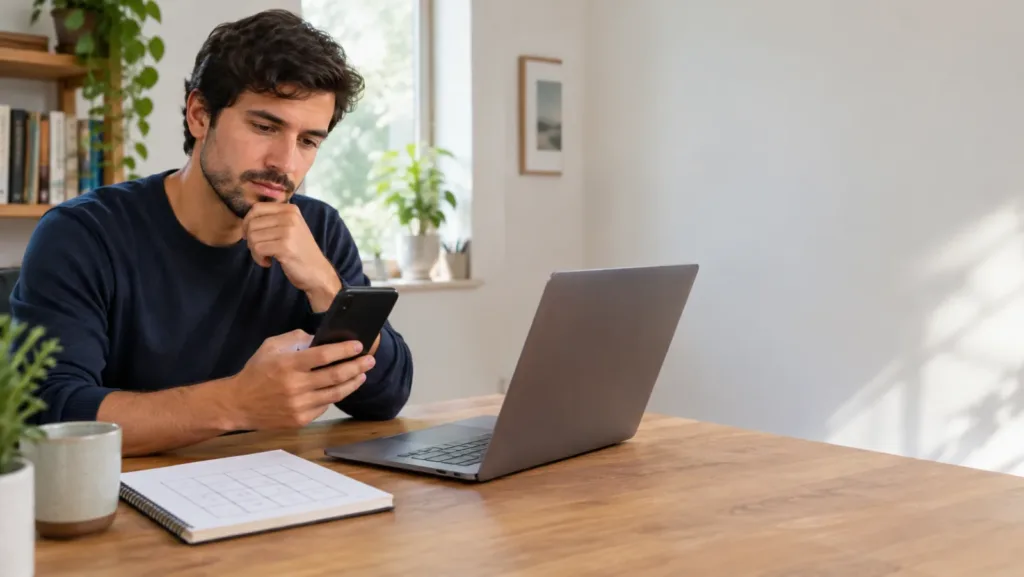 Man in a navy sweater at a home desk checking his phone next to a laptop and a notebook with a hand-drawn grid, comparing payment options